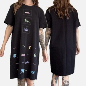 Vintage Cite 100% Cotton Beach Theme Black Graphic T-Shirt Dress PL